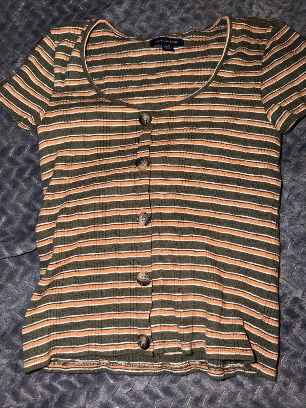 American Eagle Olive, Cream & Rust Striped Ribbed Button Top